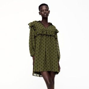 Zara Dotted Mesh V-Neck Ruffle Mini Dress